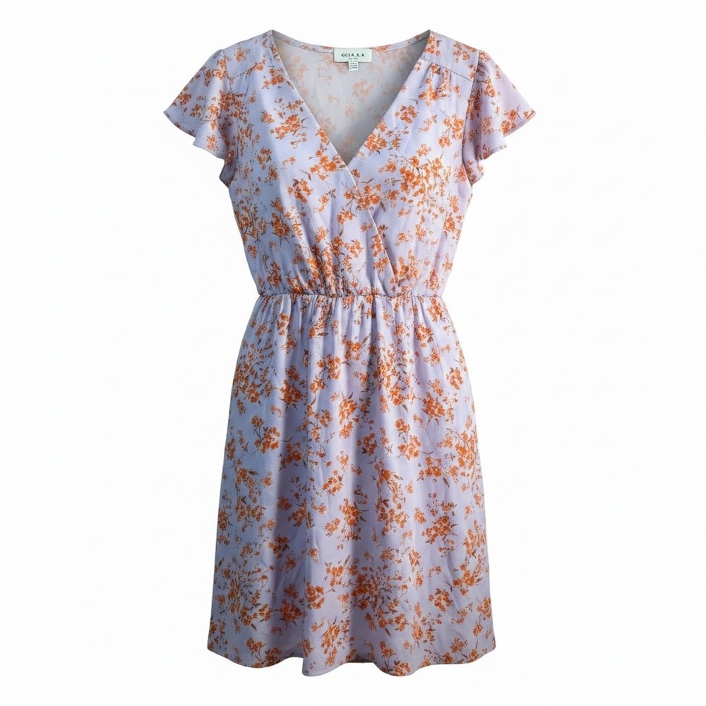 Gilli Lavender Orange Floral Faux Wrap Flutter Sleeve Mini‎ Dress XS Womens
